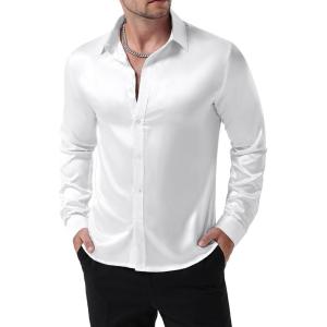 JEMITOP Mens Shiny Luxury Satin Slim Fit Dress Shirts Silk-Like Glossy Long Sleeve Button Down Shirts for Wedding Party Prom(White)