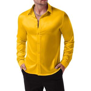 JEMITOP Mens Shiny Luxury Satin Slim Fit Dress Shirts Silk-Like Glossy Long Sleeve Button Down Shirts for Wedding Party Prom(Yellow)