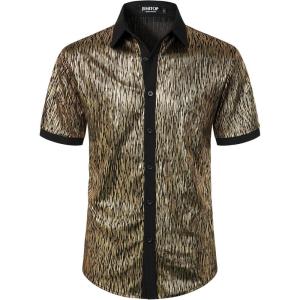 JEMITOP Men’s Shiny Metallic Sequin Stretchy Short Sleeve Button Down Shirts for 70s Disco Party Halloween(Black Gold)