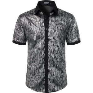 JEMITOP Men’s Shiny Metallic Sequin Stretchy Short Sleeve Button Down Shirts for 70s Disco Party Halloween(Black Silver)