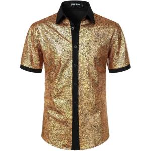 JEMITOP Men’s Shiny Metallic Sequin Stretchy Short Sleeve Button Down Shirts for 70s Disco Party Halloween(Gold)