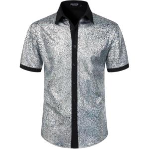 JEMITOP Men’s Shiny Metallic Sequin Stretchy Short Sleeve Button Down Shirts for 70s Disco Party Halloween(Silver)