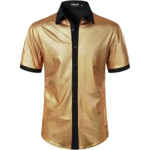JEMITOP Men’s Shiny Metallic Sequin Stretchy Short Sleeve Button Down Shirts for 70s Disco Party Halloween(Solid Gold)