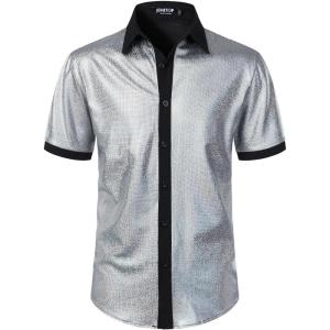 JEMITOP Men’s Shiny Metallic Sequin Stretchy Short Sleeve Button Down Shirts for 70s Disco Party Halloween(Solid Silver)