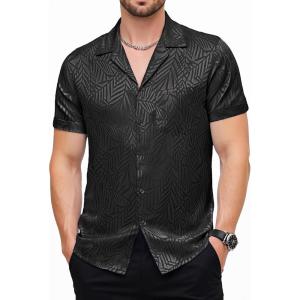 JEMITOP Mens Shiny Satin Silk-Like Designer Shirt Summer Regular Fit Short Sleeve Button Up Floral Shirt with Pocket(Black)