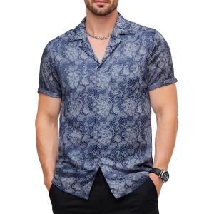JEMITOP Mens Shiny Satin Silk-Like Designer Shirt Summer Regular Fit Short Sleeve Button Up Floral Shirt with Pocket(Blue)