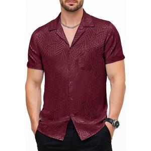 JEMITOP Mens Shiny Satin Silk-Like Designer Shirt Summer Regular Fit Short Sleeve Button Up Floral Shirt with Pocket(Burgundy)