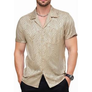 JEMITOP Mens Shiny Satin Silk-Like Designer Shirt Summer Regular Fit Short Sleeve Button Up Floral Shirt with Pocket(Chamagne Gold)