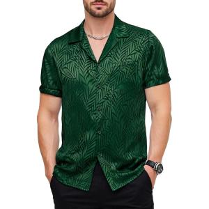 JEMITOP Mens Shiny Satin Silk-Like Designer Shirt Summer Regular Fit Short Sleeve Button Up Floral Shirt with Pocket(Dark Green)