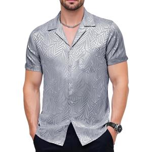 JEMITOP Mens Shiny Satin Silk-Like Designer Shirt Summer Regular Fit Short Sleeve Button Up Floral Shirt with Pocket(Gray Silver)