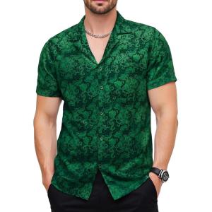 JEMITOP Mens Shiny Satin Silk-Like Designer Shirt Summer Regular Fit Short Sleeve Button Up Floral Shirt with Pocket(Green)