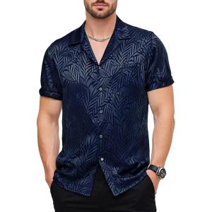 JEMITOP Mens Shiny Satin Silk-Like Designer Shirt Summer Regular Fit Short Sleeve Button Up Floral Shirt with Pocket(Navy Blue)