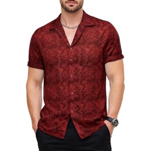 JEMITOP Mens Shiny Satin Silk-Like Designer Shirt Summer Regular Fit Short Sleeve Button Up Floral Shirt with Pocket(Red)