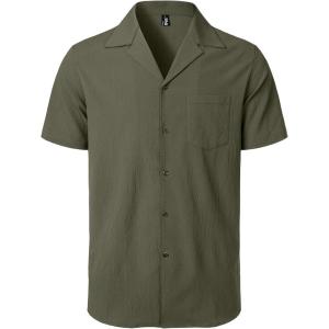JEMITOP Men’s Stretch Cuban Collar Shirt Summer Lightweight Short Sleeve Button Down Shirts with Pocket for Beach Vacation(Army Green)