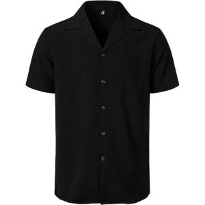 JEMITOP Men’s Stretch Cuban Collar Shirt Summer Lightweight Short Sleeve Button Down Shirts with Pocket for Beach Vacation(Black)