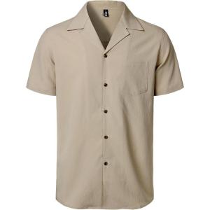 JEMITOP Men’s Stretch Cuban Collar Shirt Summer Lightweight Short Sleeve Button Down Shirts with Pocket for Beach Vacation(Khaki)