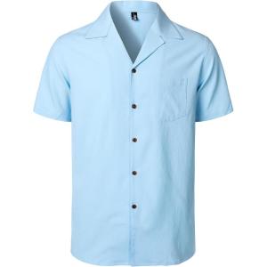 JEMITOP Men’s Stretch Cuban Collar Shirt Summer Lightweight Short Sleeve Button Down Shirts with Pocket for Beach Vacation(Light Blue)