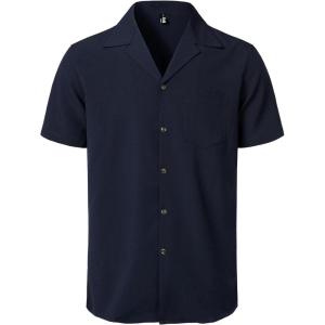 JEMITOP Men’s Stretch Cuban Collar Shirt Summer Lightweight Short Sleeve Button Down Shirts with Pocket for Beach Vacation(Navy Blue)