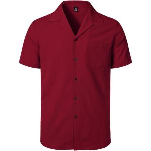 JEMITOP Men’s Stretch Cuban Collar Shirt Summer Lightweight Short Sleeve Button Down Shirts with Pocket for Beach Vacation(Red)