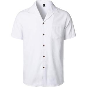 JEMITOP Men’s Stretch Cuban Collar Shirt Summer Lightweight Short Sleeve Button Down Shirts with Pocket for Beach Vacation(White)