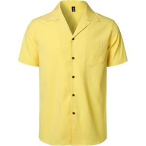JEMITOP Men’s Stretch Cuban Collar Shirt Summer Lightweight Short Sleeve Button Down Shirts with Pocket for Beach Vacation(Yellow)