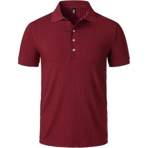 JEMITOP Men’s Stretch Knit Slim Fit Polo Shirts Casual Short Sleeve Ribbed Collar Muscle Golf Shirt(Burgundy)