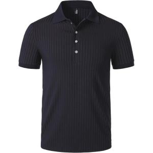 JEMITOP Men’s Stretch Knit Slim Fit Polo Shirts Casual Short Sleeve Ribbed Collar Muscle Golf Shirt(Navy Blue)