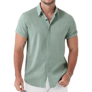 JEMITOP Men’s Stretch Linen-Like Short Sleeve Button Down Shirts Summer Casual Beach Vacation Wedding Texture Shirt(Light Green)