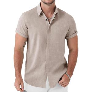 JEMITOP Men’s Stretch Linen-Like Short Sleeve Button Down Shirts Summer Casual Beach Vacation Wedding Texture Shirt(Light Khaki)