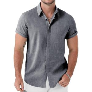 JEMITOP Men’s Stretch Linen-Like Short Sleeve Button Down Shirts Summer Casual Beach Vacation Wedding Texture Shirt(Navy Blue)
