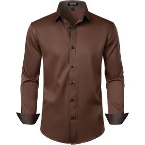 JEMITOP Men’s Stretch Multi-Use Long Sleeve Dress Shirts Party Prom Wedding Shirts with Slight Sheen(Brown)