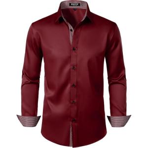 JEMITOP Men’s Stretch Multi-Use Long Sleeve Dress Shirts Party Prom Wedding Shirts with Slight Sheen(Burgundy)