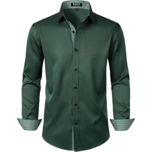 JEMITOP Men’s Stretch Multi-Use Long Sleeve Dress Shirts Party Prom Wedding Shirts with Slight Sheen(Dark Green)