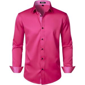 JEMITOP Men’s Stretch Multi-Use Long Sleeve Dress Shirts Party Prom Wedding Shirts with Slight Sheen(Hot Pink)