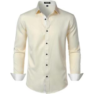 JEMITOP Men’s Stretch Multi-Use Long Sleeve Dress Shirts Party Prom Wedding Shirts with Slight Sheen(Ivory)