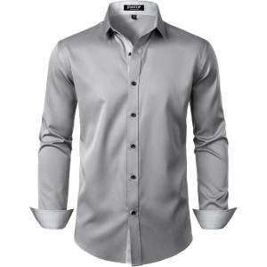 JEMITOP Men’s Stretch Multi-Use Long Sleeve Dress Shirts Party Prom Wedding Shirts with Slight Sheen(Light Grey)