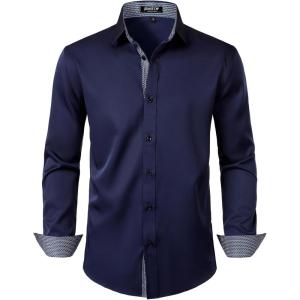 JEMITOP Men’s Stretch Multi-Use Long Sleeve Dress Shirts Party Prom Wedding Shirts with Slight Sheen(Navy Blue)