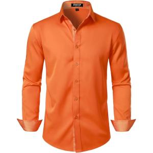 JEMITOP Men’s Stretch Multi-Use Long Sleeve Dress Shirts Party Prom Wedding Shirts with Slight Sheen(Orange)
