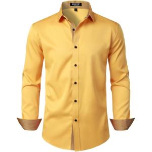 JEMITOP Men’s Stretch Multi-Use Long Sleeve Dress Shirts Party Prom Wedding Shirts with Slight Sheen(Yellow)