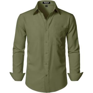JEMITOP Men’s Stretch Regular Fit Long Sleeve Dress Shirts Lightweight Business Casual Button Down Shirts with Pocket(Army Green)