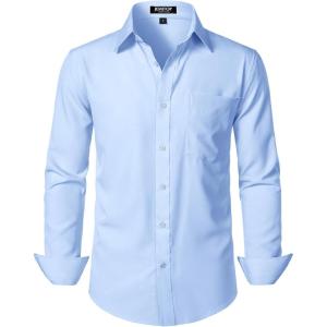 JEMITOP Men’s Stretch Regular Fit Long Sleeve Dress Shirts Lightweight Business Casual Button Down Shirts with Pocket(Light Blue)