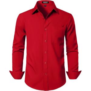 JEMITOP Men’s Stretch Regular Fit Long Sleeve Dress Shirts Lightweight Business Casual Button Down Shirts with Pocket(Red)