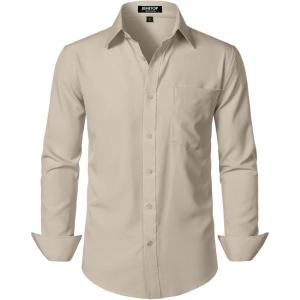JEMITOP Men’s Stretch Regular Fit Long Sleeve Dress Shirts Lightweight Business Casual Button Down Shirts with Pocket(Tan)