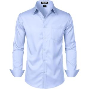 JEMITOP Men’s Stretch Slim Fit Dress Shirts Formal Wedding Prom Business Long Sleeve Button Down Shirt with Pocket(Blue)