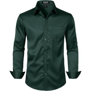 JEMITOP Men’s Stretch Slim Fit Dress Shirts Formal Wedding Prom Business Long Sleeve Button Down Shirt with Pocket(Dark Green)