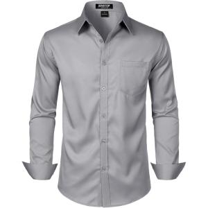 JEMITOP Men’s Stretch Slim Fit Dress Shirts Formal Wedding Prom Business Long Sleeve Button Down Shirt with Pocket(Grey)
