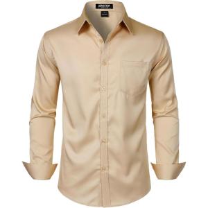 JEMITOP Men’s Stretch Slim Fit Dress Shirts Formal Wedding Prom Business Long Sleeve Button Down Shirt with Pocket(Khaki)