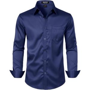 JEMITOP Men’s Stretch Slim Fit Dress Shirts Formal Wedding Prom Business Long Sleeve Button Down Shirt with Pocket(Navy Blue)