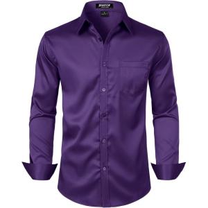 JEMITOP Men’s Stretch Slim Fit Dress Shirts Formal Wedding Prom Business Long Sleeve Button Down Shirt with Pocket(Purple)
