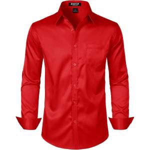JEMITOP Men’s Stretch Slim Fit Dress Shirts Formal Wedding Prom Business Long Sleeve Button Down Shirt with Pocket(Red)
